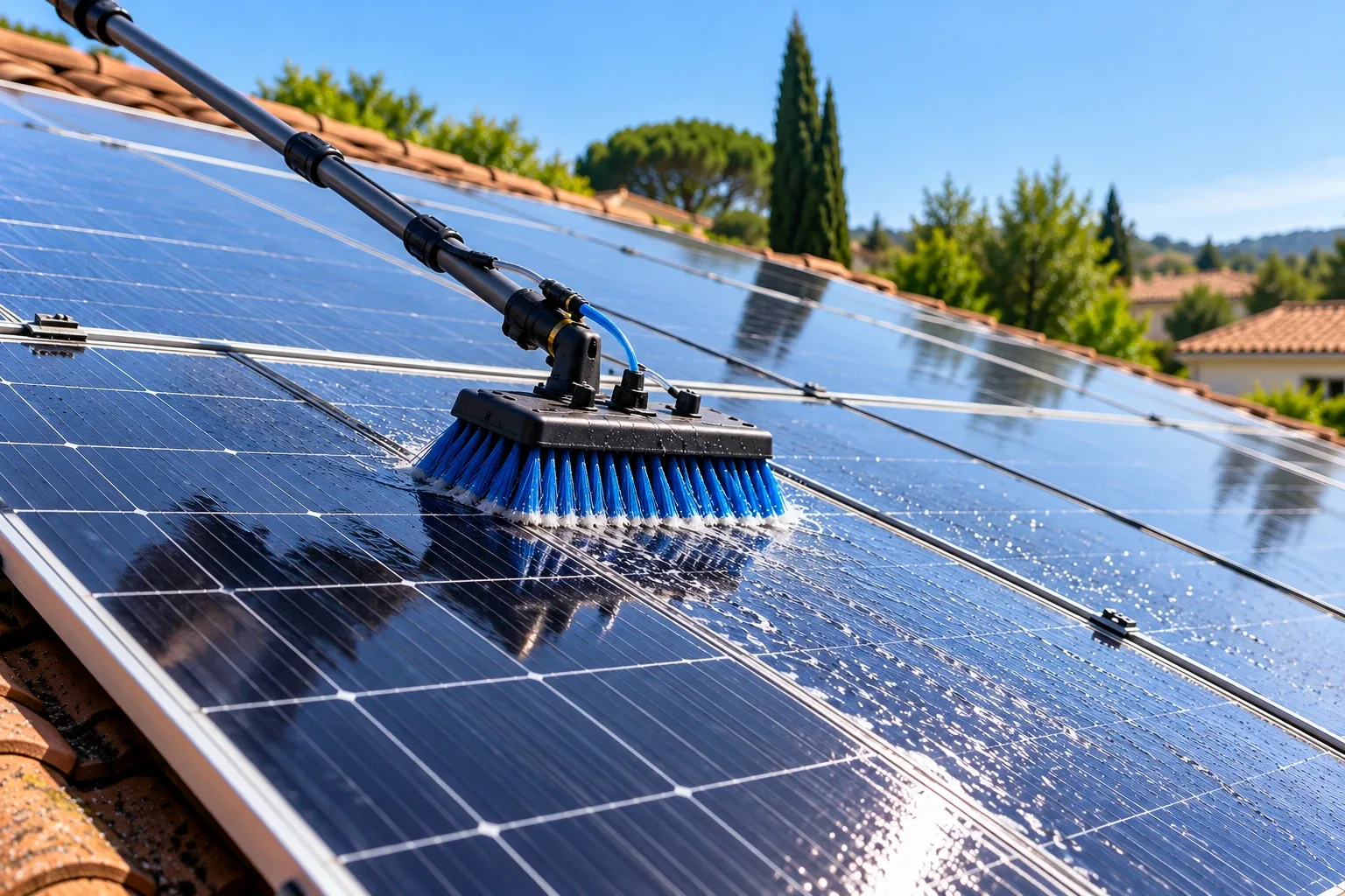 Illustration : nettoyage de panneaux solaires à la brosse et à l'eau pure